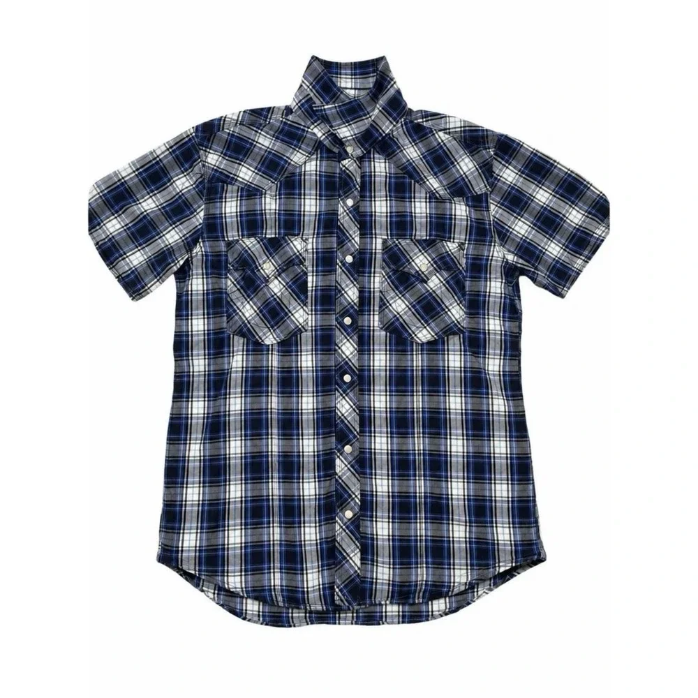 True Religion Shirt Men Sz XL Blue Plaid Pearl Snap Pockets Long Sleeve